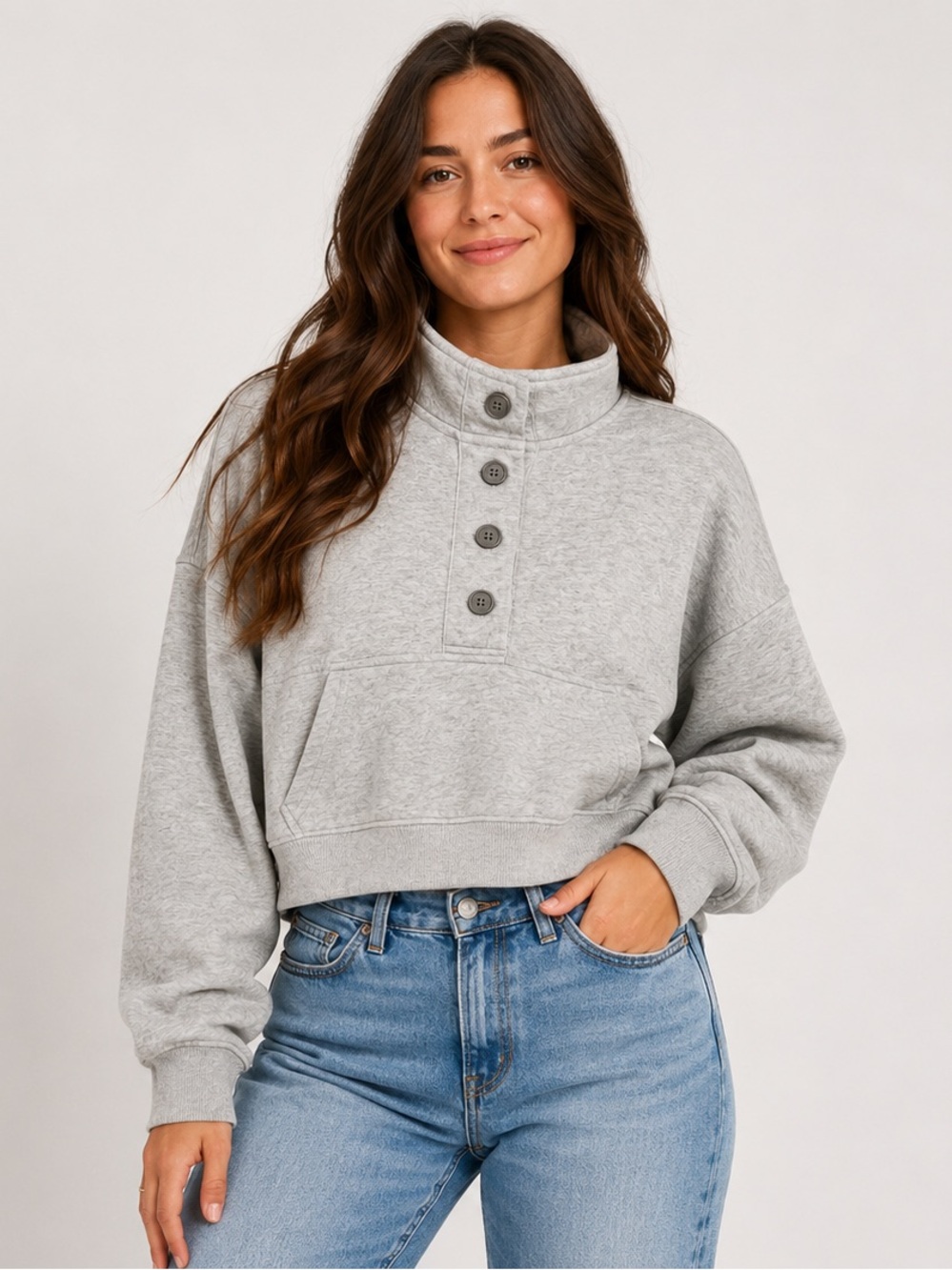Aerie Oversized Cropped Sweatshirt Grey Button Mock Neck Pullover XS